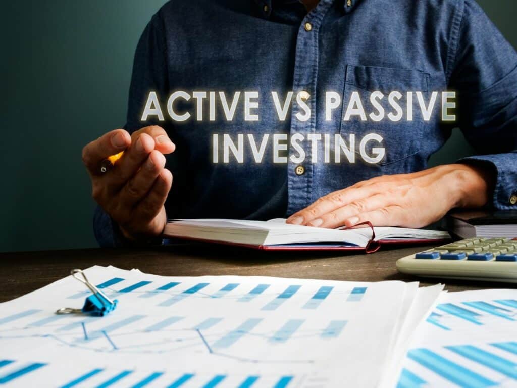 active investing, passive investing, stock market, man in blue shirt, finances